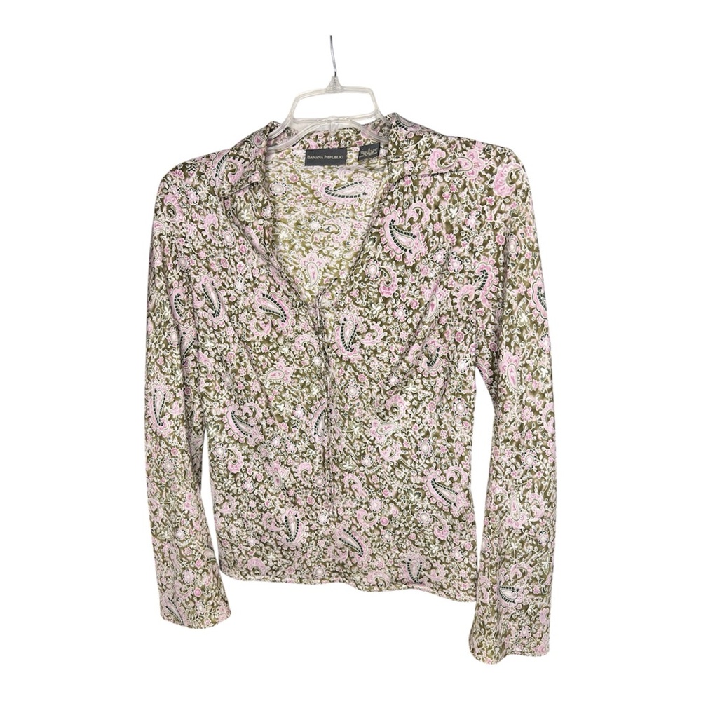 Banana Republic Women’s Pink/Olive Paisley/Floral 100% Silk Pullover Blouse SZ S
